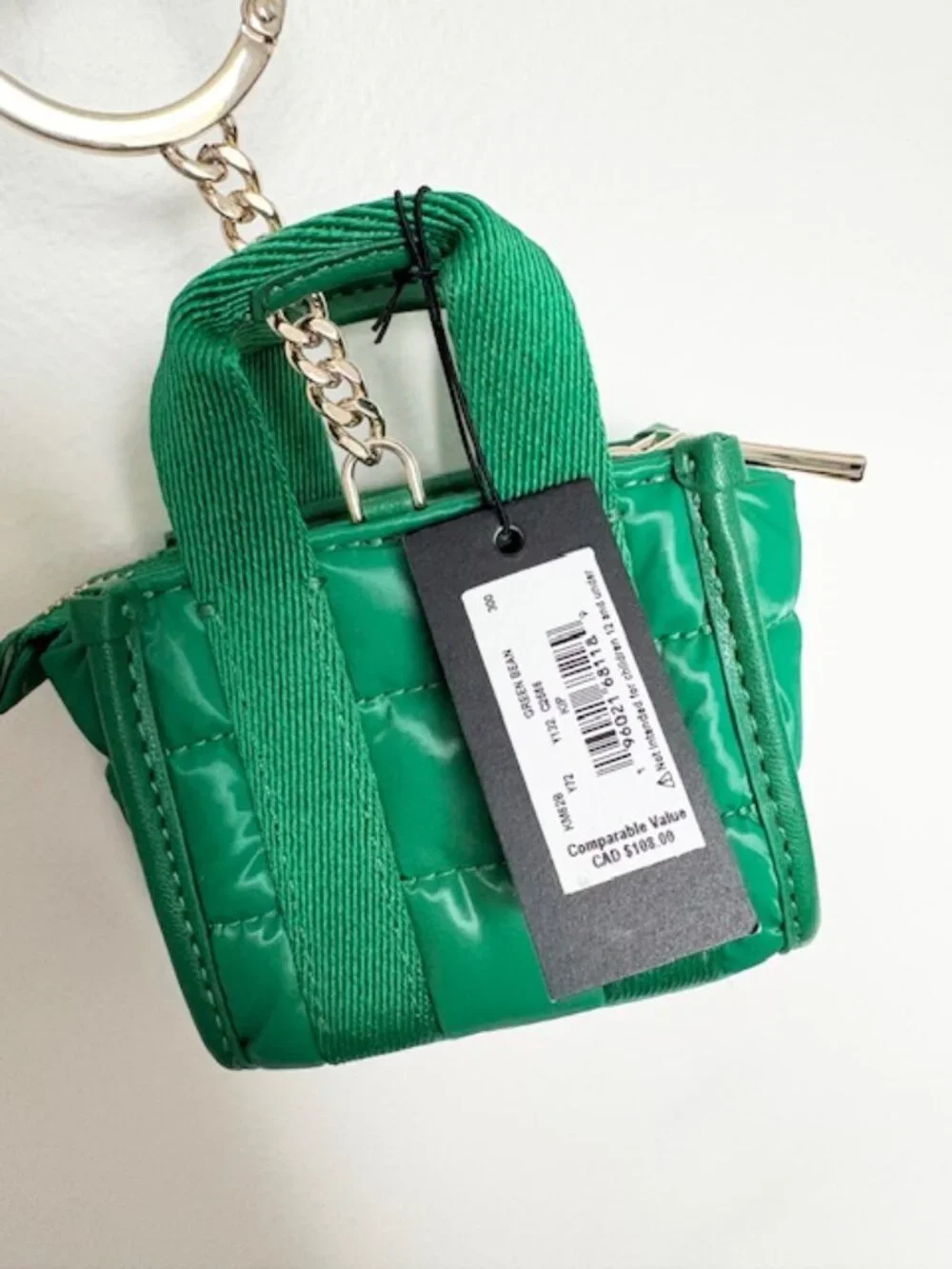kate spade green quilted mini tote keychain with gold hardware